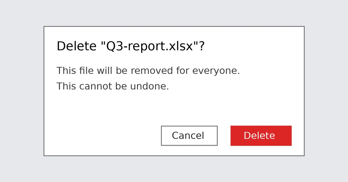 A dialog asking to delete Q3-report.xlsx, with Cancel and Delete buttons.